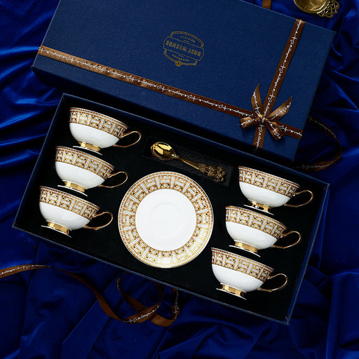 Retro Golden Rim Bone China Coffee Cup and Saucer Set of 6-2