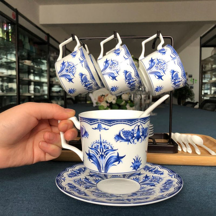 Blue Flower Bone China Coffee Cup and Saucer Set of 6-5