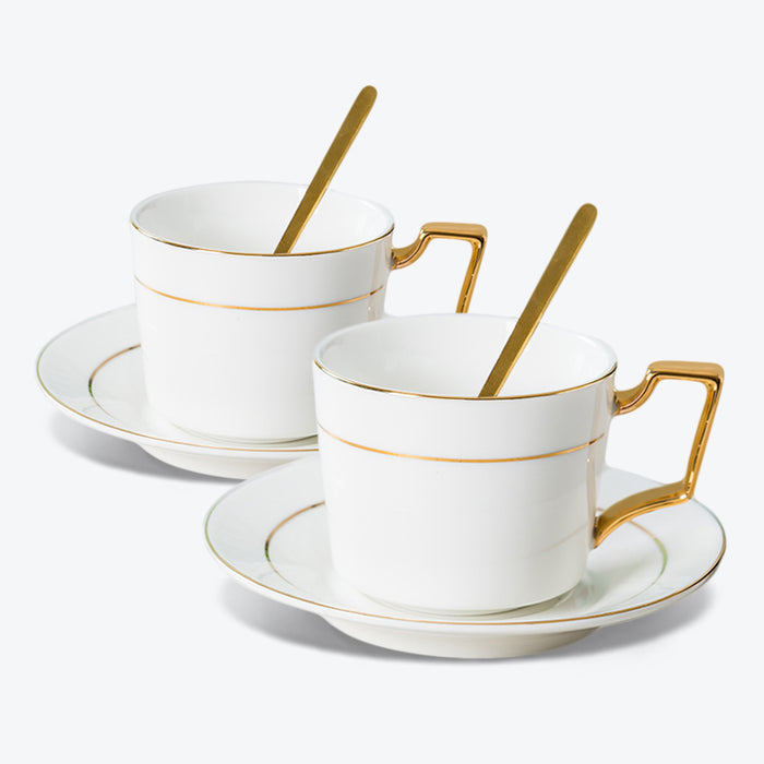 Golden Rim Simple White Ceramic Coffee Cup and Saucer Set-1