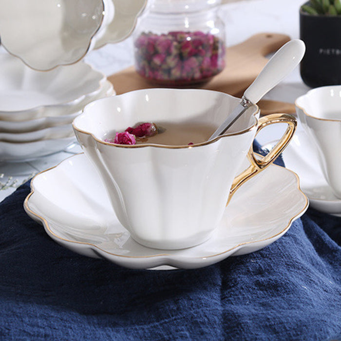 Golden Rim Simple White Ceramic Coffee Cup and Saucer Set-8