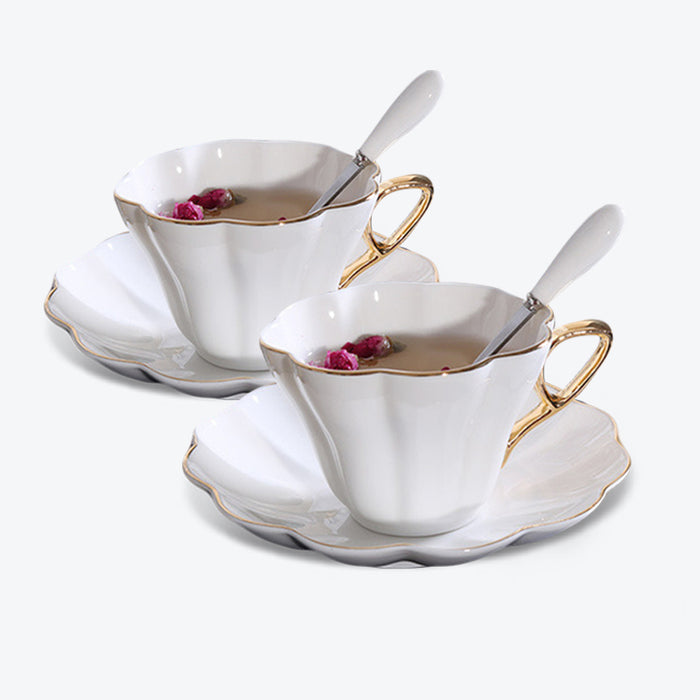 Golden Rim Simple White Ceramic Coffee Cup and Saucer Set-6