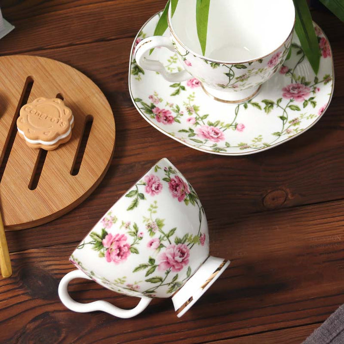 Pastoral Flowers Golden Rim Bone China Coffee Cup and Saucer Set-2