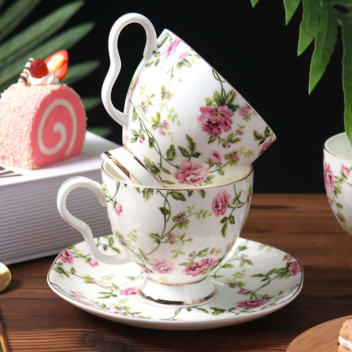 Pastoral Flowers Golden Rim Bone China Coffee Cup and Saucer Set-3