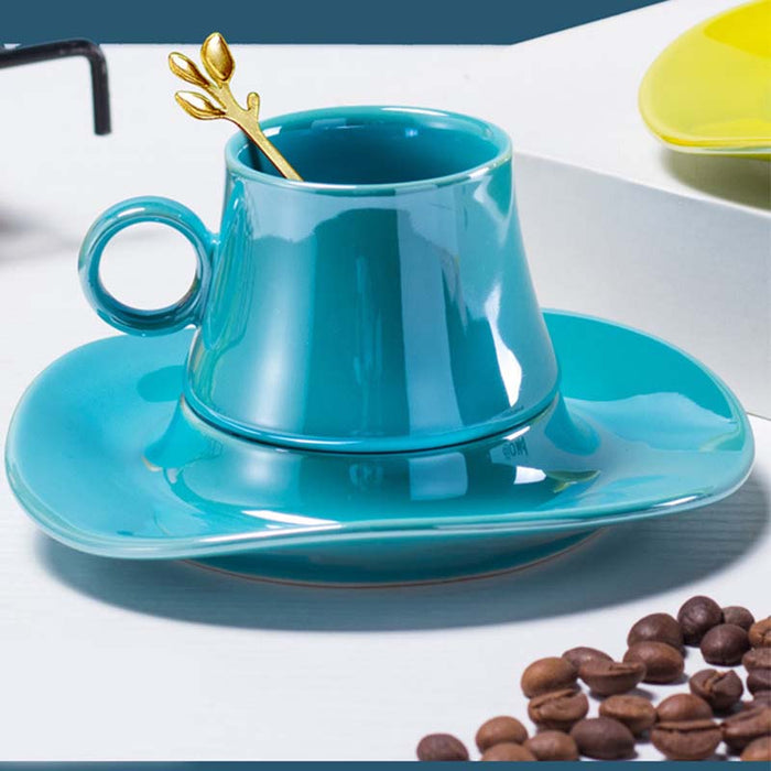 Solid Color Ceramic Coffee Cup with Lotus Leaf Design Saucer-2