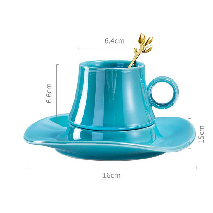 Solid Color Ceramic Coffee Cup with Lotus Leaf Design Saucer-3
