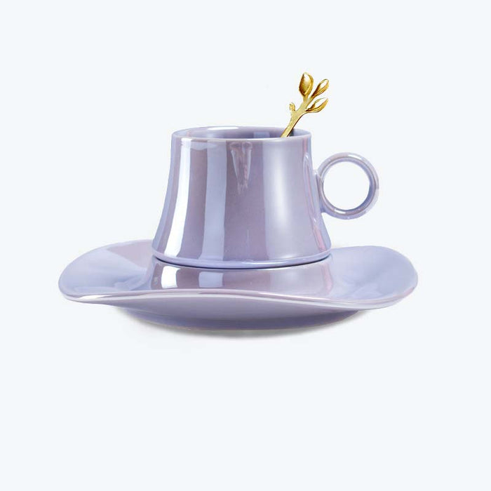 Solid Color Ceramic Coffee Cup with Lotus Leaf Design Saucer-5