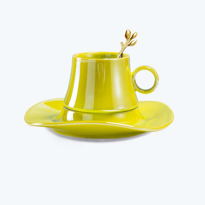 Solid Color Ceramic Coffee Cup with Lotus Leaf Design Saucer-6
