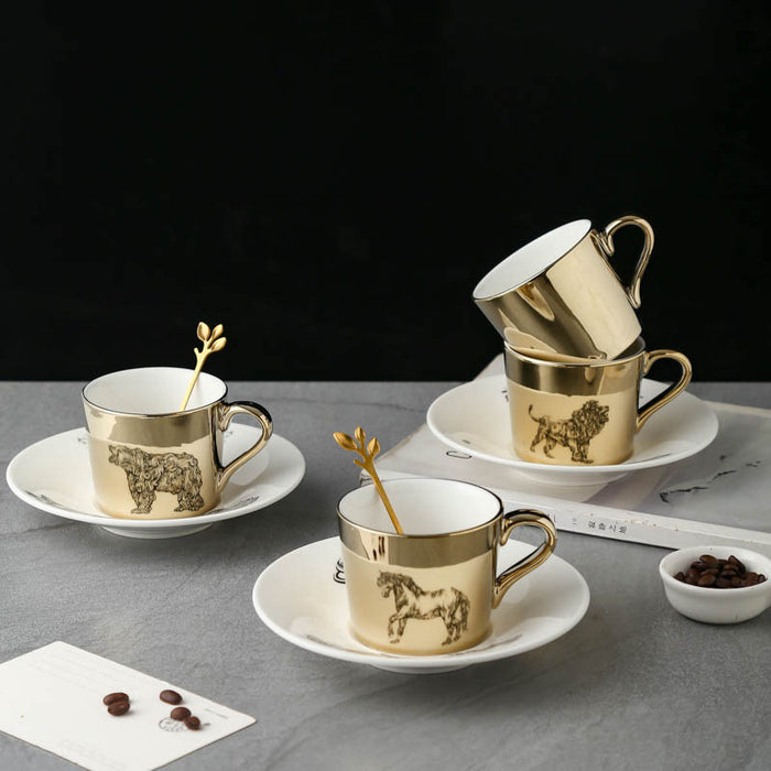 Golden Wildlife Animal Pattern Ceramic Coffee Cup and Saucer Set-2