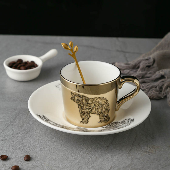 Golden Wildlife Animal Pattern Ceramic Coffee Cup and Saucer Set-6
