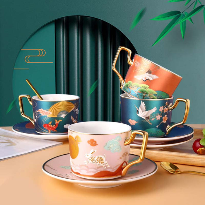 Golden Rim Animal Pattern Ceramic Coffee Cup Set-6