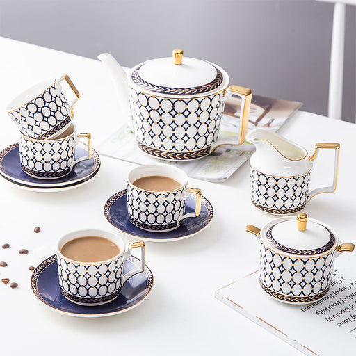 Bone China Blue Geometric Gold Trim Ceramic Tea Set-2