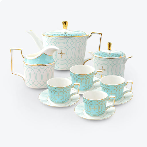 Light Blue Plaid Gold Trim Ceramic Tea Set-1