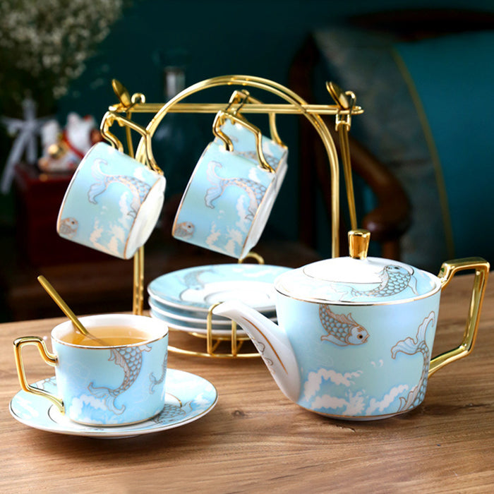 Carp Pattern Gold Trim Frosted Ceramic Tea Set-2