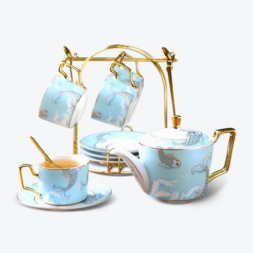 Carp Pattern Gold Trim Frosted Ceramic Tea Set-1