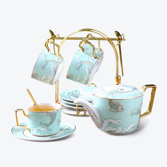 Carp Pattern Gold Trim Frosted Ceramic Tea Set-3