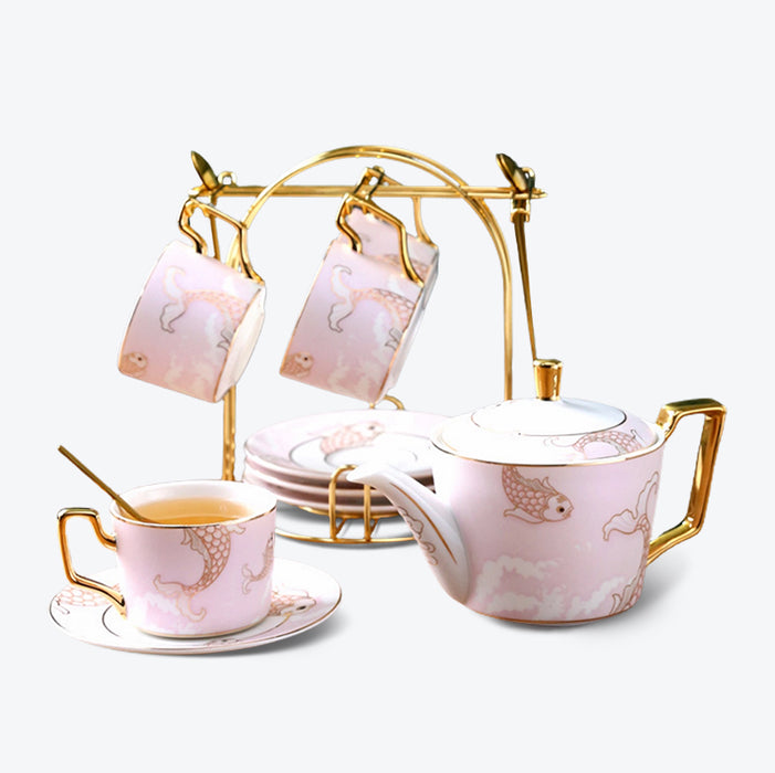 Carp Pattern Gold Trim Frosted Ceramic Tea Set-5