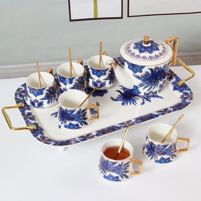 Blue Phoenix and Flower Gold Trim Ceramic Tea Set-2