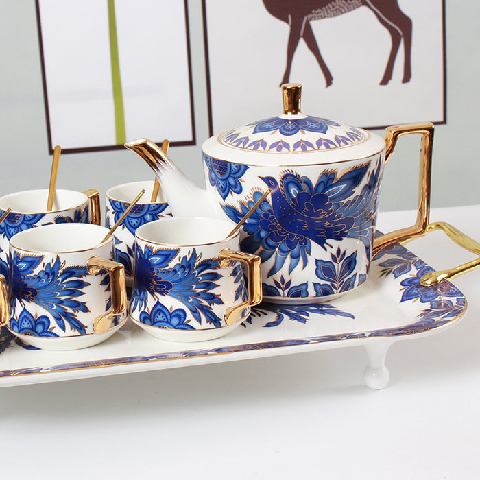 Blue Phoenix and Flower Gold Trim Ceramic Tea Set-3