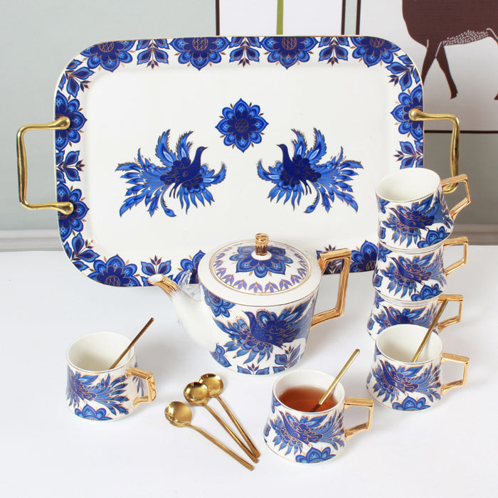 Blue Phoenix and Flower Gold Trim Ceramic Tea Set-4