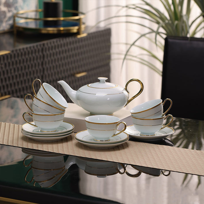 Bone China White Plaid Cup Gold Trim Ceramic Tea Set-2