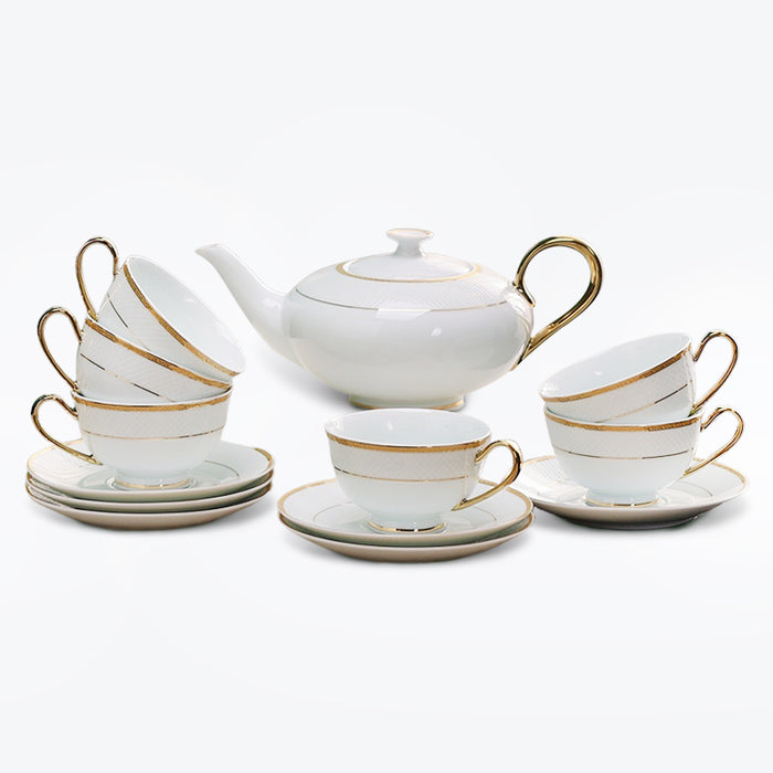 Bone China White Plaid Cup Gold Trim Ceramic Tea Set-1
